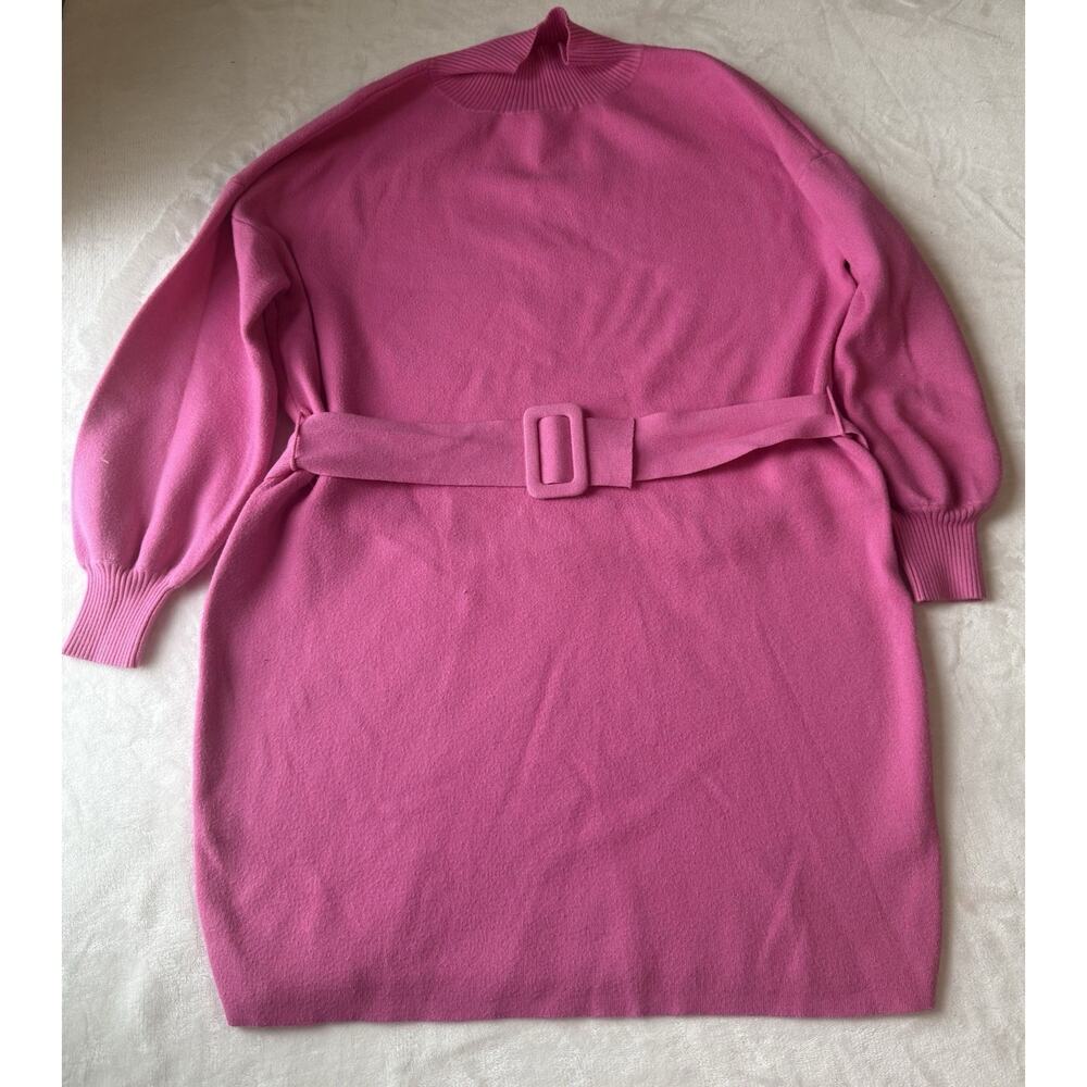Pink‎ Knit Belted Balloon Sleeve Mock Neck Mini Sweater Dress Size L - Picture 3 of 11